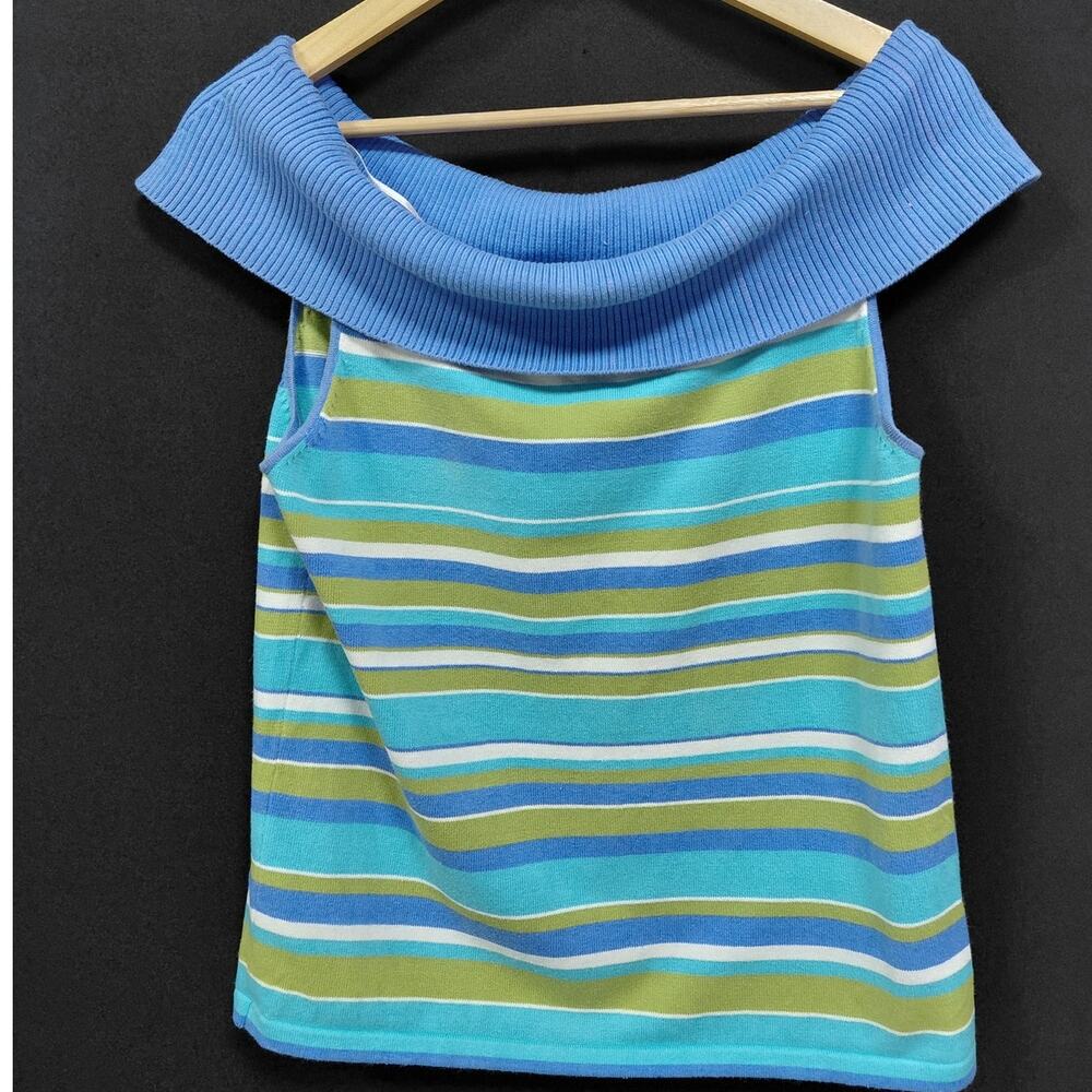 JONES NEW YORK SPORT Striped Off-Shoulder Top Blue Knit Sleeveless Women Size L